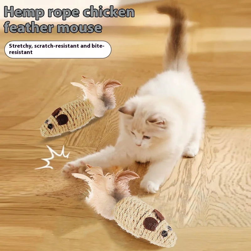 Ratón de plumas de pollo con cuerda de cáñamo crujiente - Ratón gato mascota