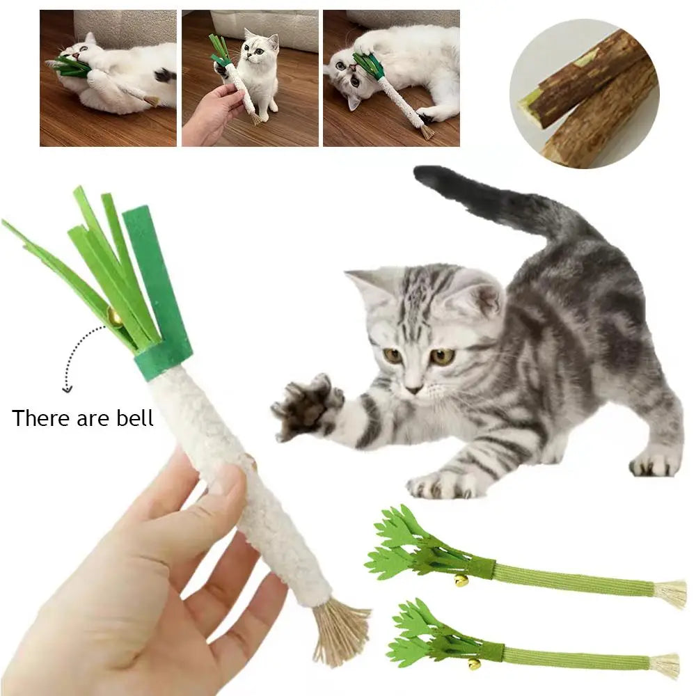 Juguetes masticables de cuerda de cáñamo para mascotas, palo de vid de plata natural con forma de cebollín simulado, artículos útiles para gatos, juguete de palo para gatos con campana