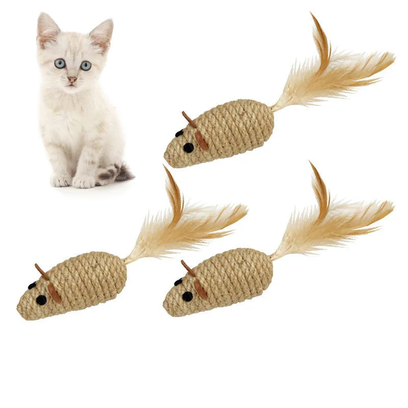 Ratón de plumas de pollo con cuerda de cáñamo crujiente - Ratón gato mascota 