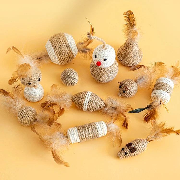 Nuevos juguetes para gatos, bolas de cáñamo con plumas, juguetes para gatos que mejoran su capacidad de molienda y sonido, producto para mascotas, juguete para gato 