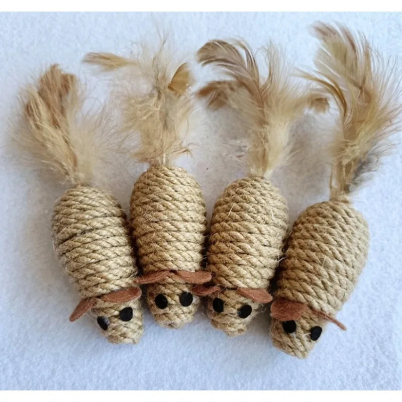 Ratón de plumas de pollo con cuerda de cáñamo crujiente - Ratón gato mascota 