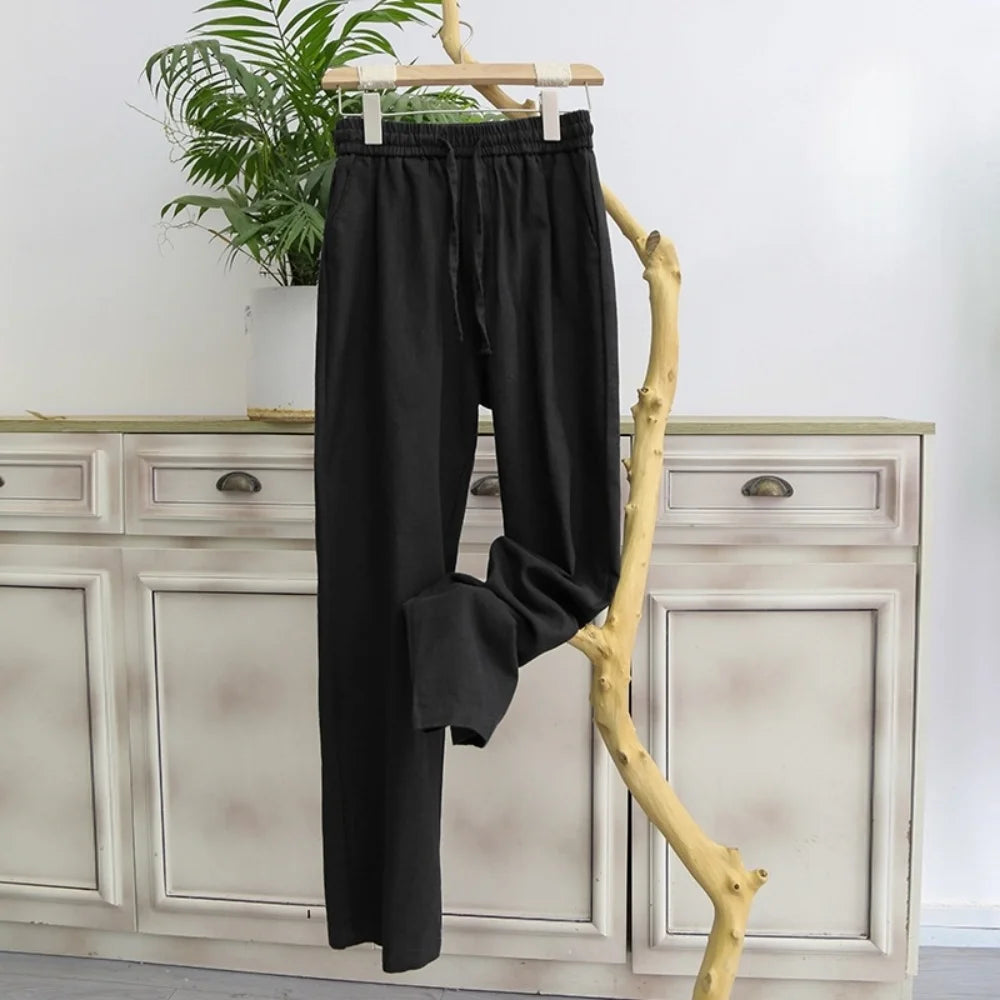 Pantalones de lino de alta calidad para hombre, holgados, cómodos, transpirables, a la moda, de color sólido, informales, de pierna recta, de algodón y cáñamo, para verano 