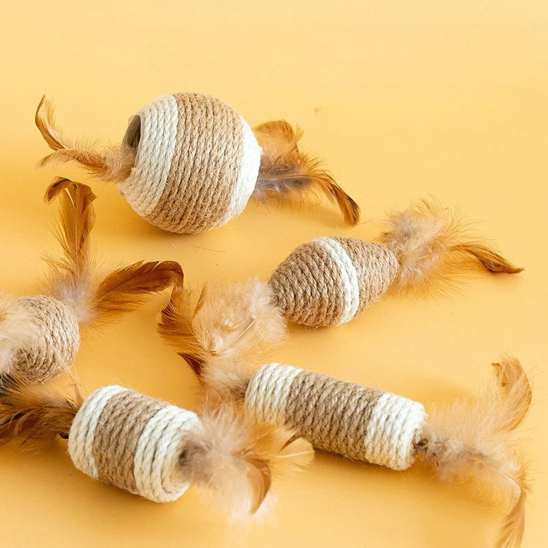 Nuevos juguetes para gatos, bolas de cáñamo con plumas, juguetes para gatos que mejoran su capacidad de molienda y sonido, producto para mascotas, juguete para gato 