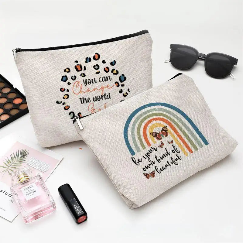 Bolsa de maquillaje con estampado de camping, impermeable, de algodón y cáñamo, con cremallera, para cosméticos, joyas, viajes, ropa sucia, etc. 