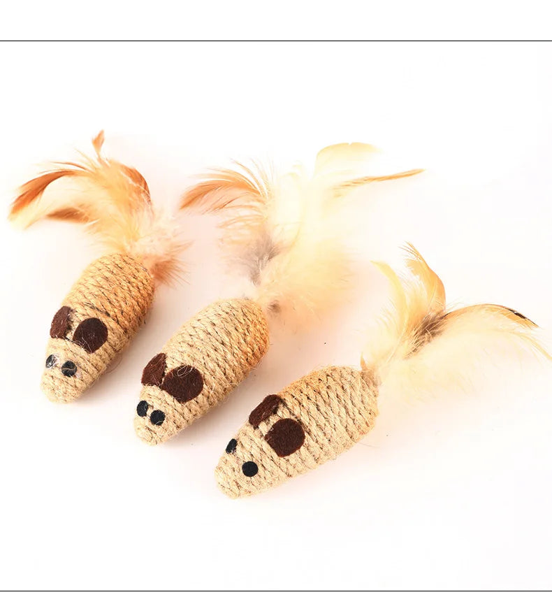 Ratón de plumas de pollo con cuerda de cáñamo crujiente - Ratón gato mascota 