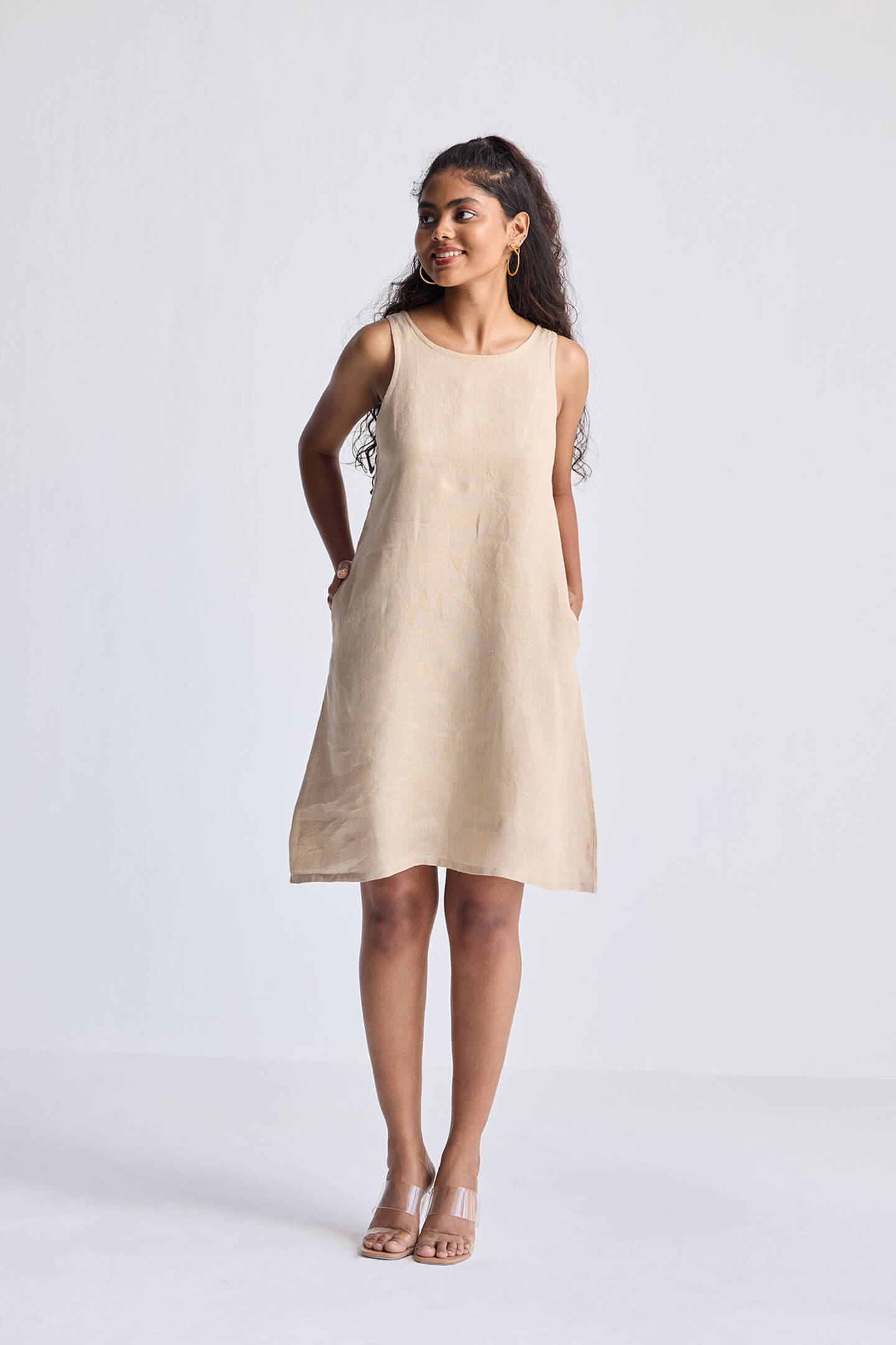 Hemp Short Dress with Back Embroidered Lace Detail-0