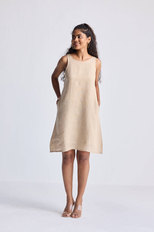 Hemp Short Dress with Back Embroidered Lace Detail-0