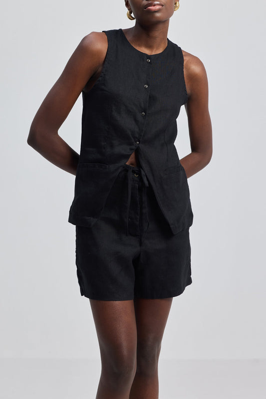 Hemp Vest Jacket Set in Black-0