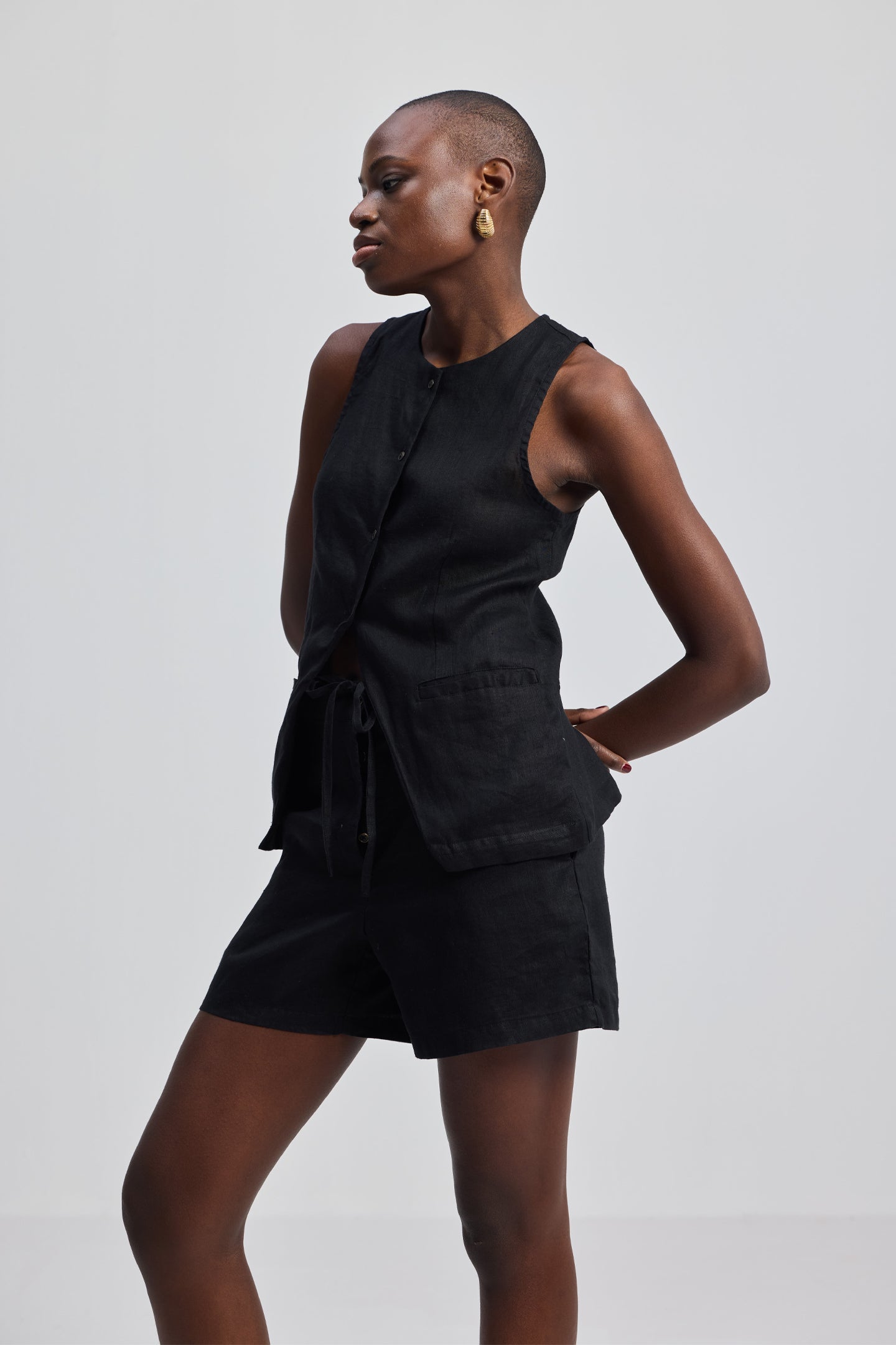 Hemp Vest Jacket Set in Black-3