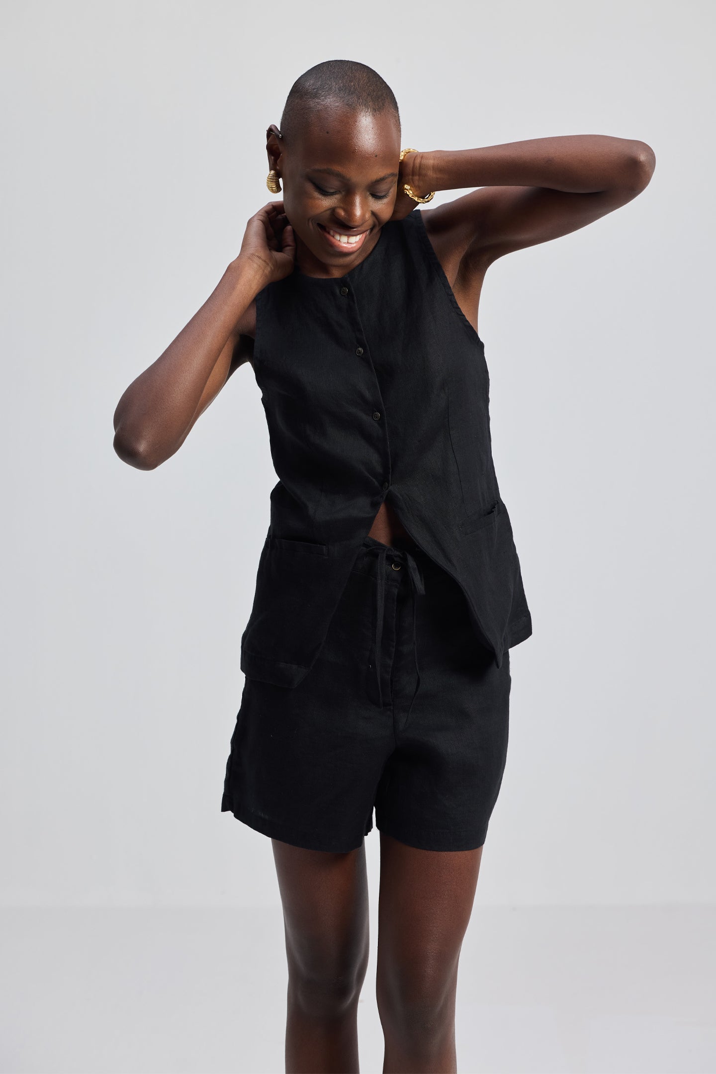 Hemp Vest Jacket Set in Black-4