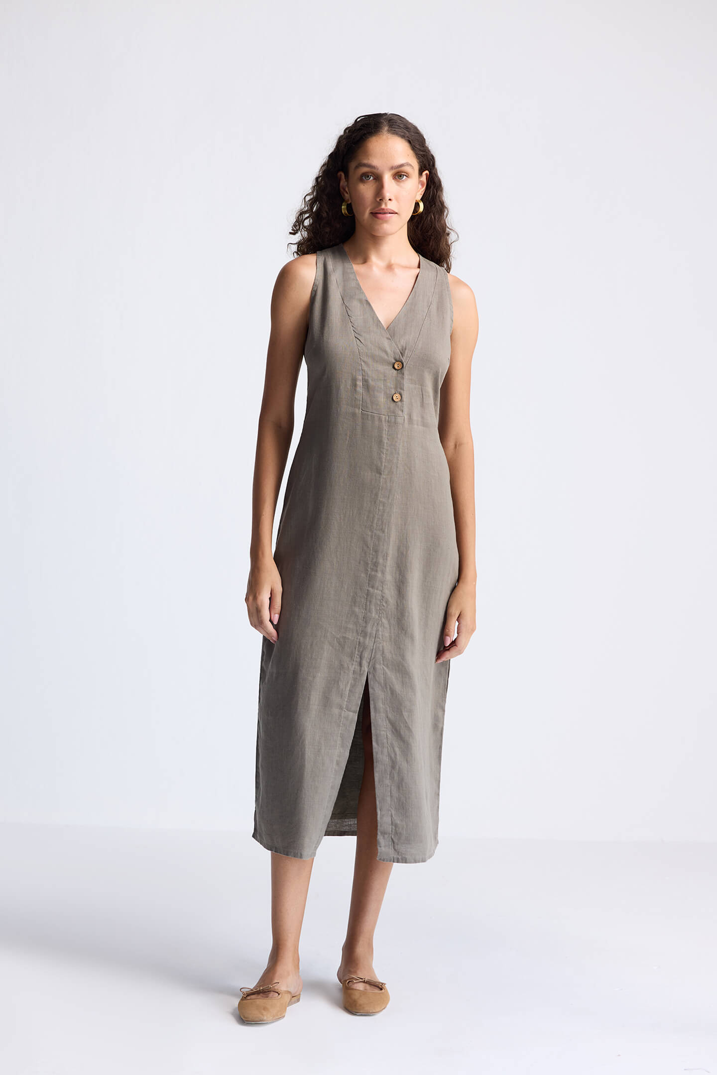 Straight Dress with Front Slit in Dark Green Hemp-0