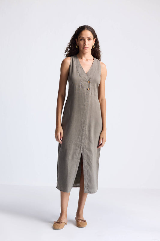Straight Dress with Front Slit in Dark Green Hemp-0