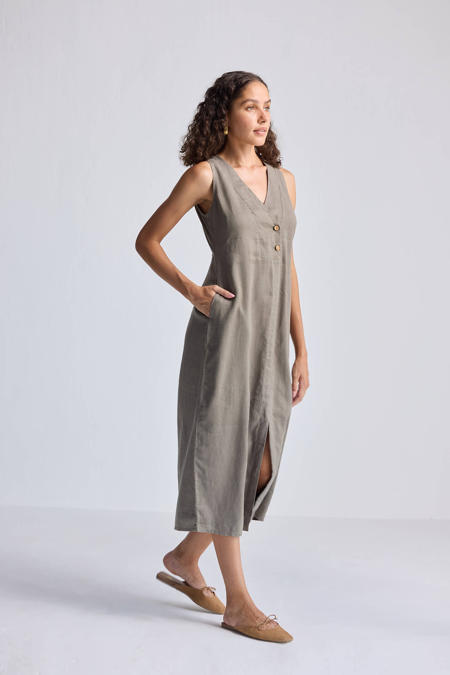 Straight Dress with Front Slit in Dark Green Hemp-2