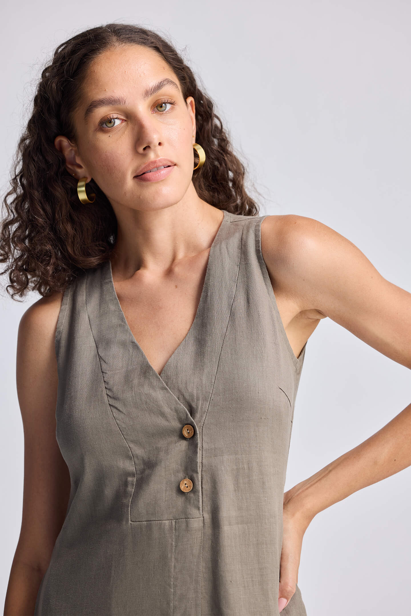 Straight Dress with Front Slit in Dark Green Hemp-3