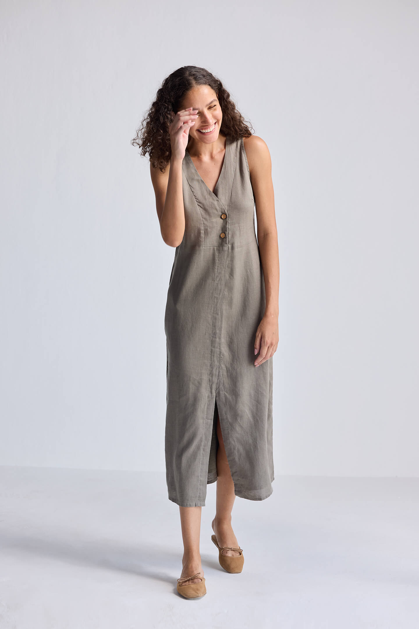 Straight Dress with Front Slit in Dark Green Hemp-4