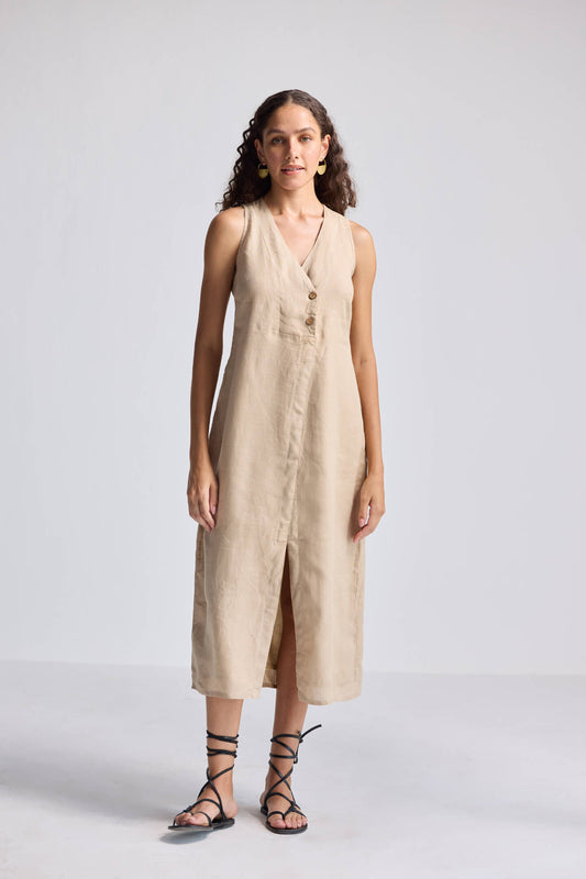 Straight Dress with Front Slit in Neutral Beige Hemp-0