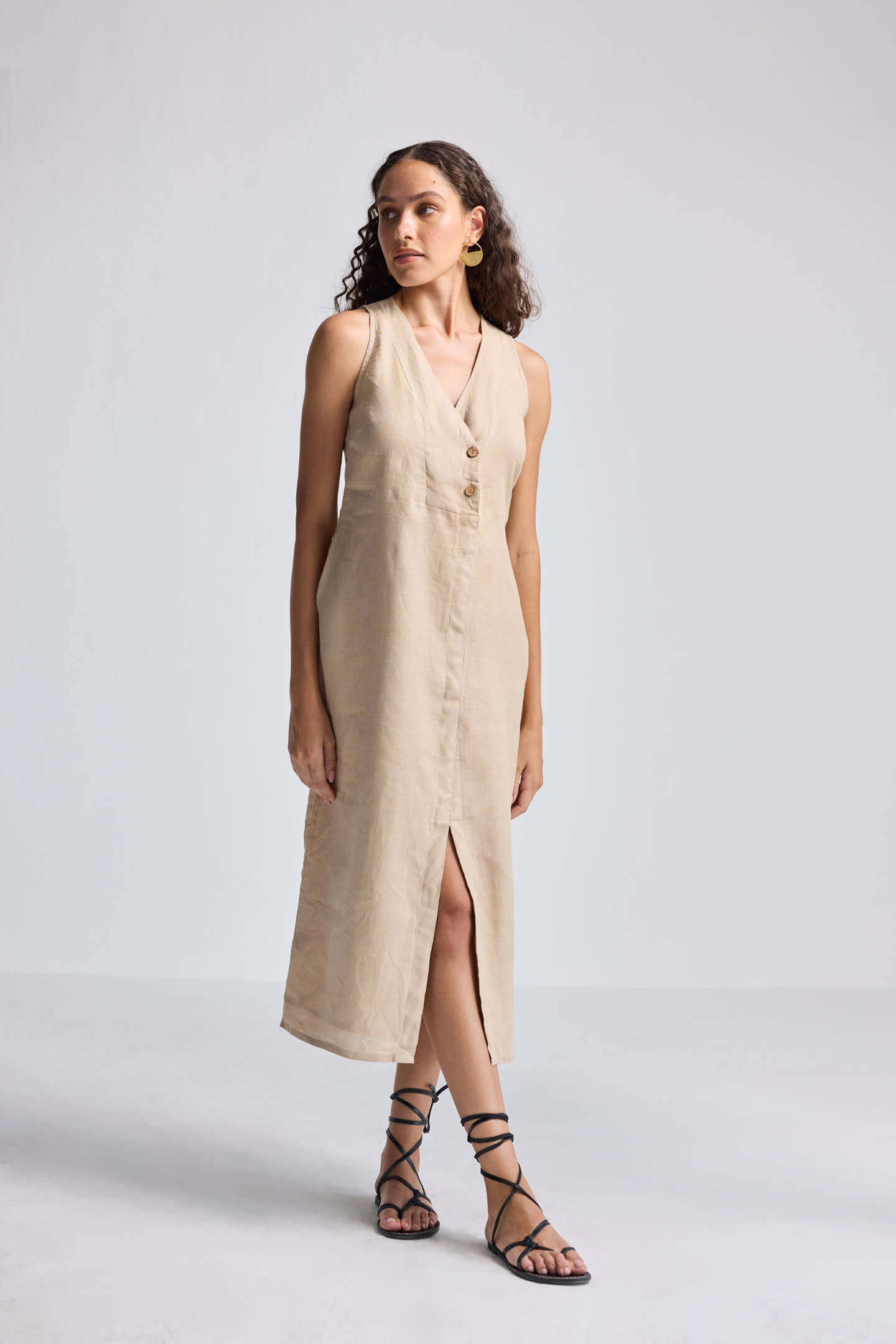 Straight Dress with Front Slit in Neutral Beige Hemp-1
