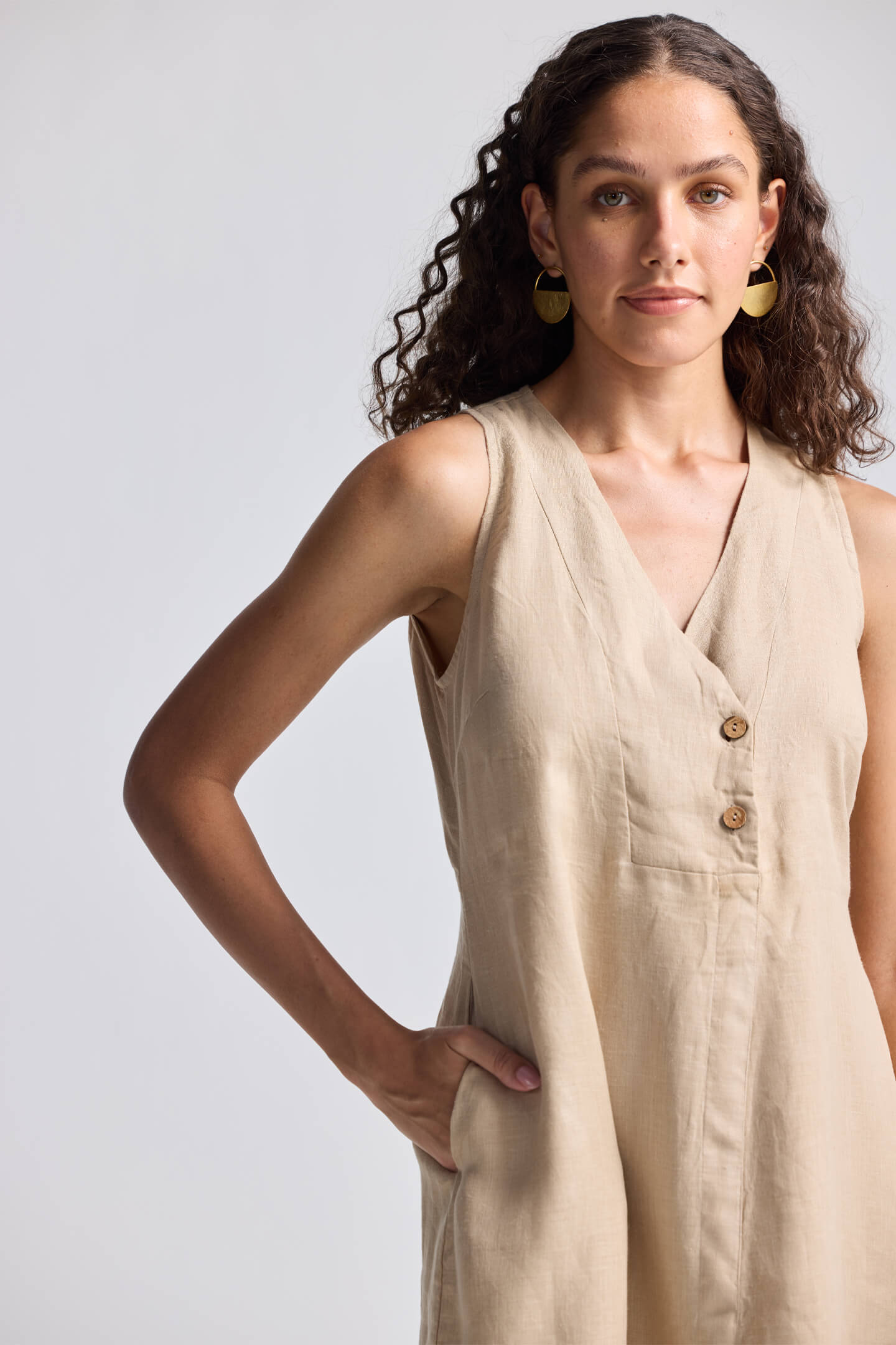Straight Dress with Front Slit in Neutral Beige Hemp-2