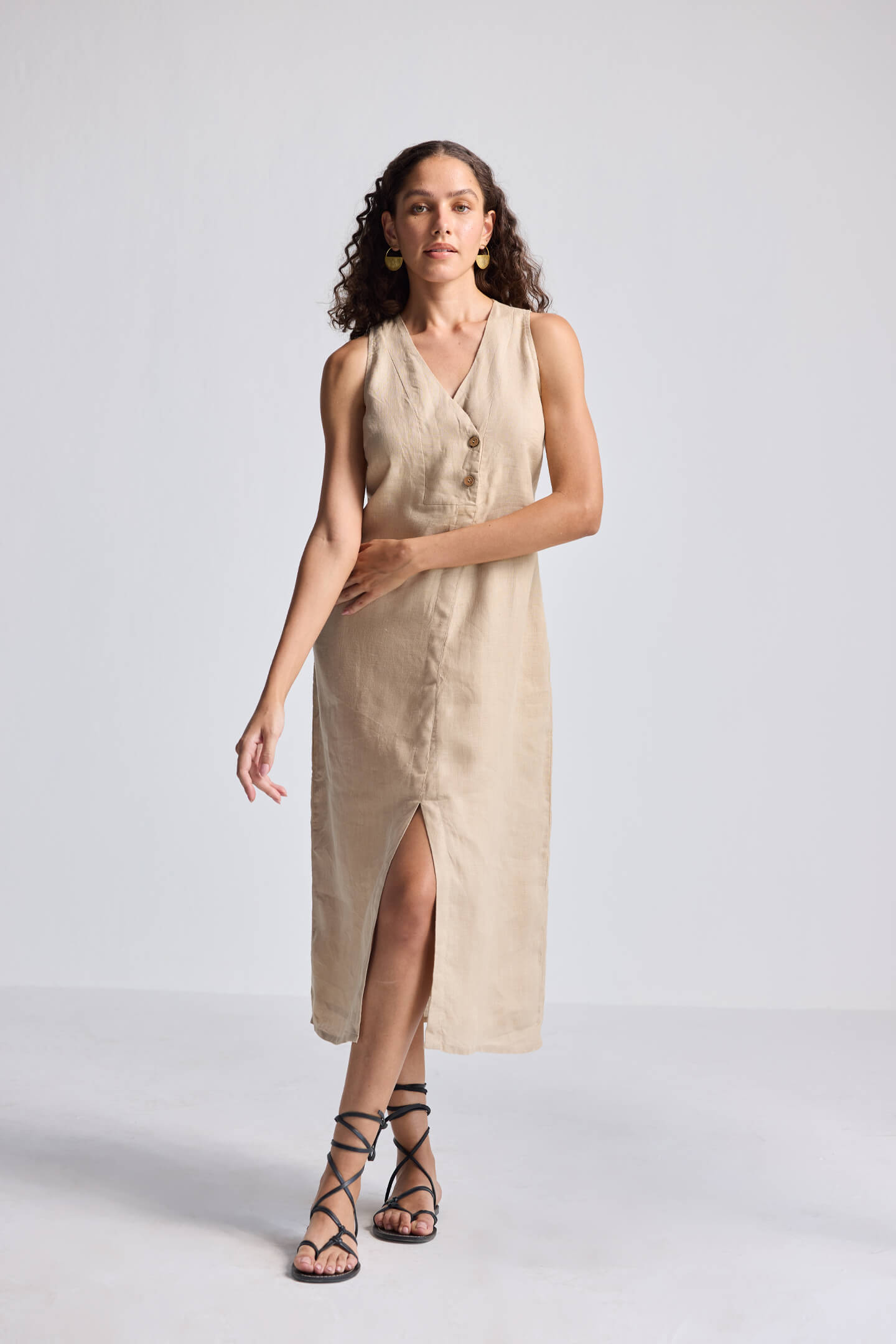 Straight Dress with Front Slit in Neutral Beige Hemp-3