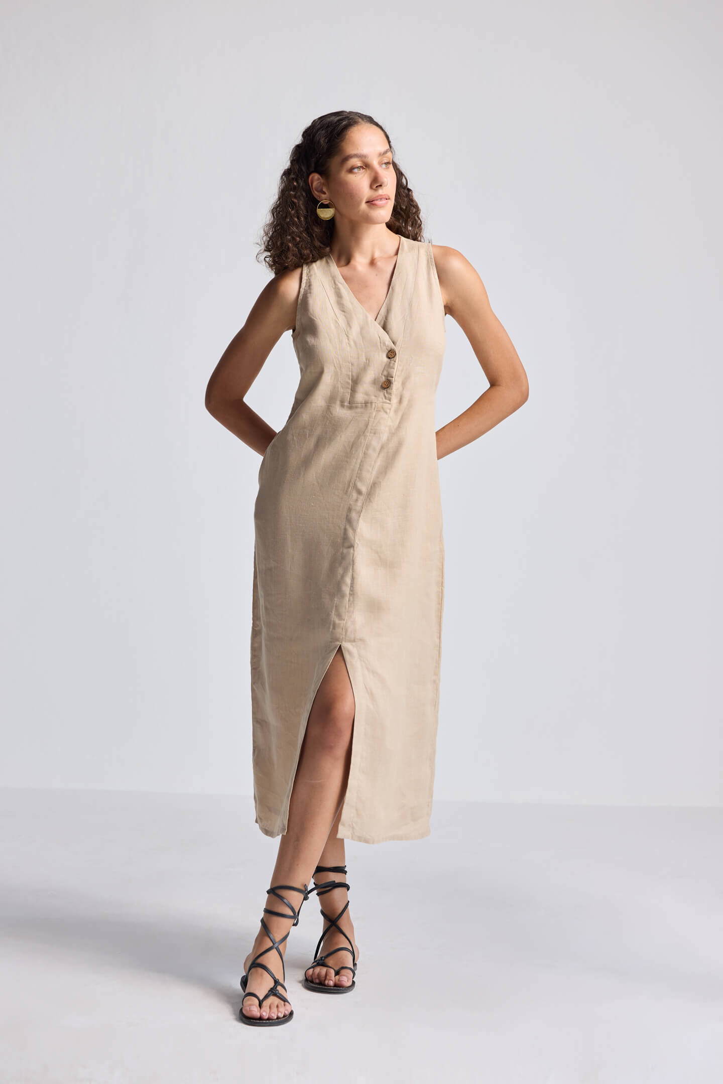 Straight Dress with Front Slit in Neutral Beige Hemp-4