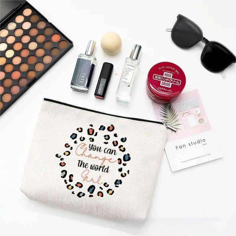 Bolsa de maquillaje con estampado de camping, impermeable, de algodón y cáñamo, con cremallera, para cosméticos, joyas, viajes, ropa sucia, etc. 
