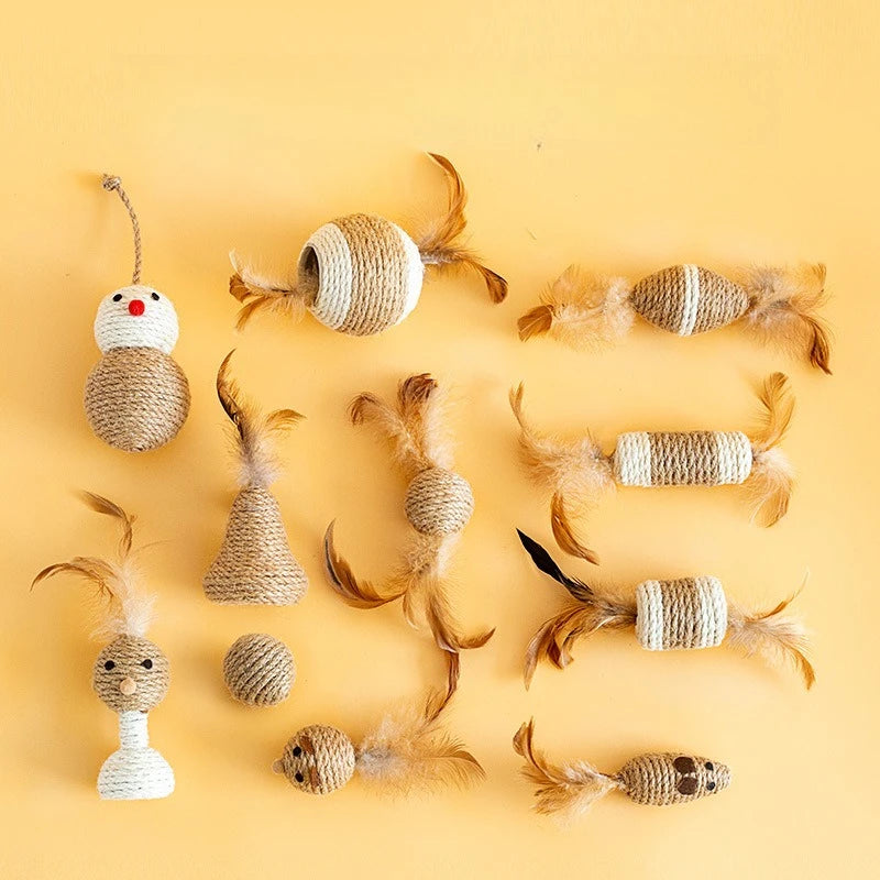 Nuevos juguetes para gatos, bolas de cáñamo con plumas, juguetes para gatos que mejoran su capacidad de molienda y sonido, producto para mascotas, juguete para gato 